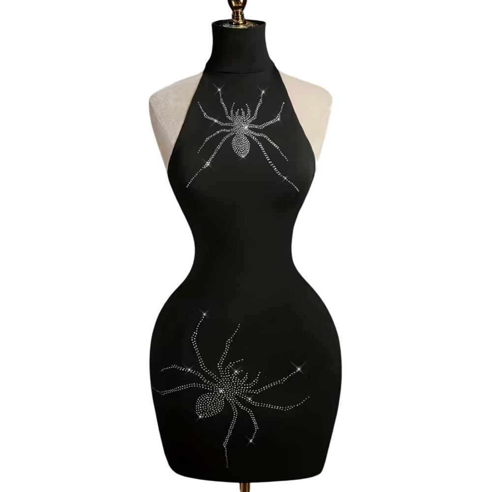 Rhinestone Spider Halter Mini Dress M NWT